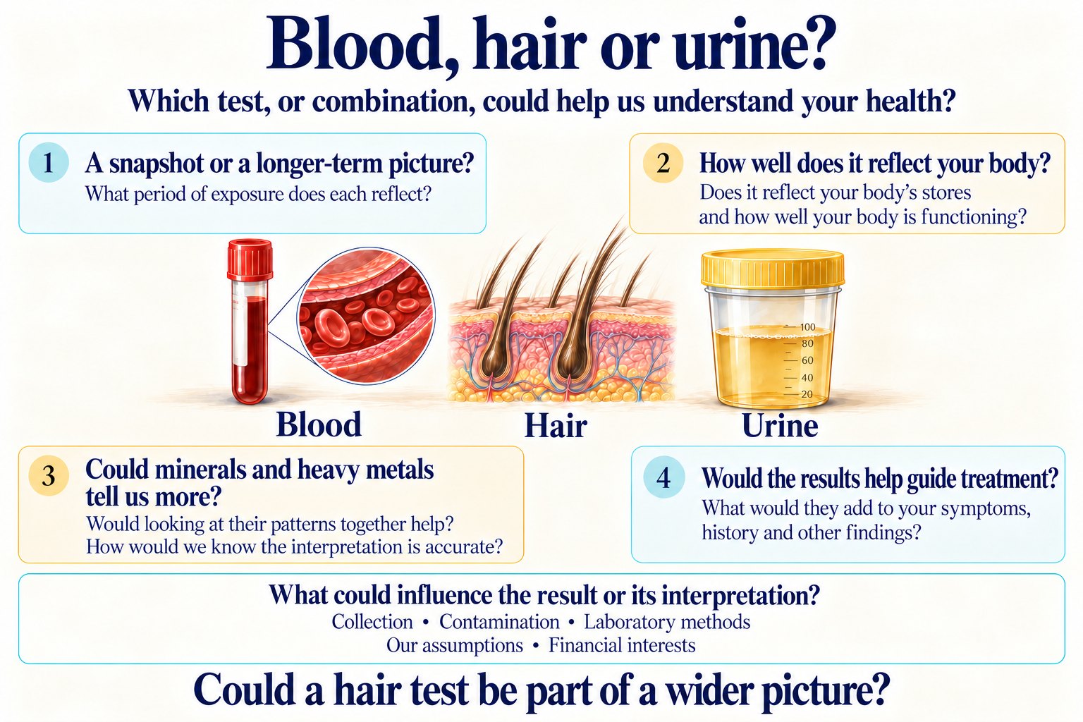 Diagram titled Blood, hair or urine? Which test, or combination, could help us understand your health? A blood tube, a cross-section of hair growing from the scalp, and a urine pot, with four questions: 1, a snapshot or a longer-term picture, what period of exposure does each reflect; 2, how well does it reflect your body, its stores and how well it is functioning; 3, could minerals and heavy metals tell us more, would looking at their patterns together help, and how would we know the interpretation is accurate; 4, would the results help guide treatment, what would they add to your symptoms, history and other findings. Below: what could influence the result or its interpretation, collection, contamination, laboratory methods, our assumptions and financial interests. Final question: could a hair test be part of a wider picture?