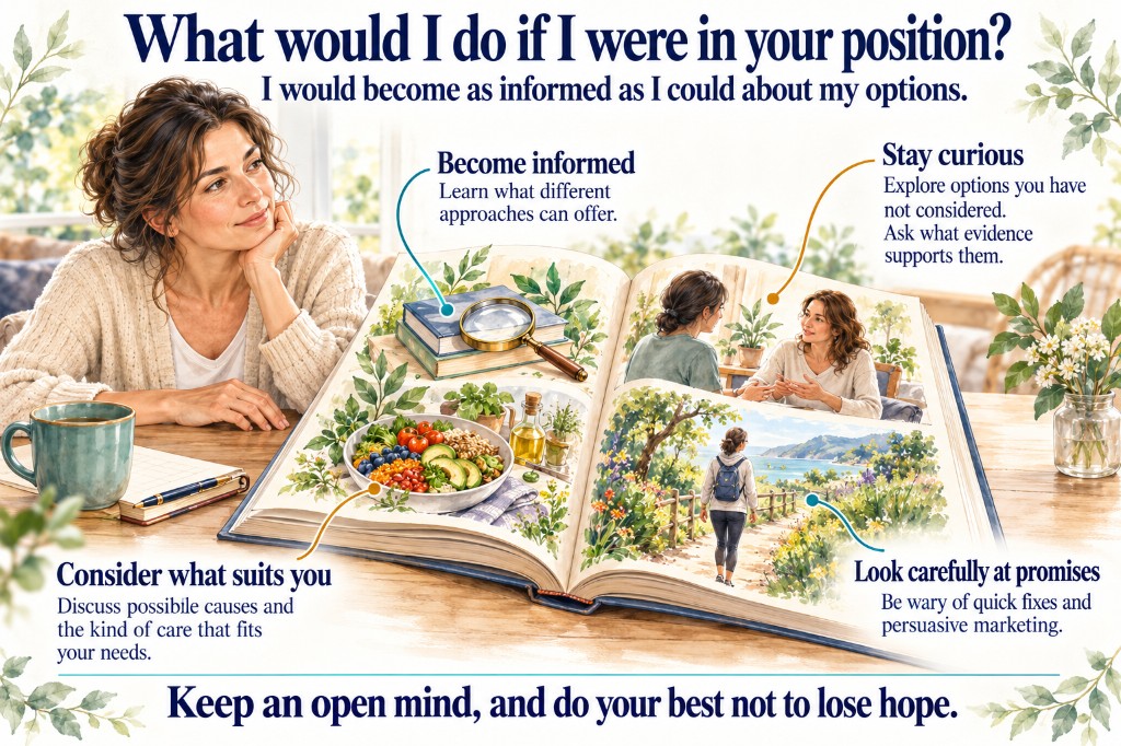 Illustration titled What would I do if I were in your position? I would become as informed as I could about my options. Four notes around an open book: Become informed, learn what different approaches can offer. Stay curious, explore options you have not considered and ask what evidence supports them. Consider what suits you, discuss possible causes and the kind of care that fits your needs. Look carefully at promises, be wary of quick fixes and persuasive marketing. Closing line: Keep an open mind, and do your best not to lose hope.