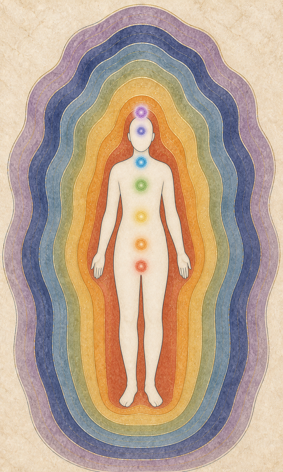 A featureless human figure surrounded by seven nested coloured fields, with seven matching colour centres aligned from the base of the body to the crown