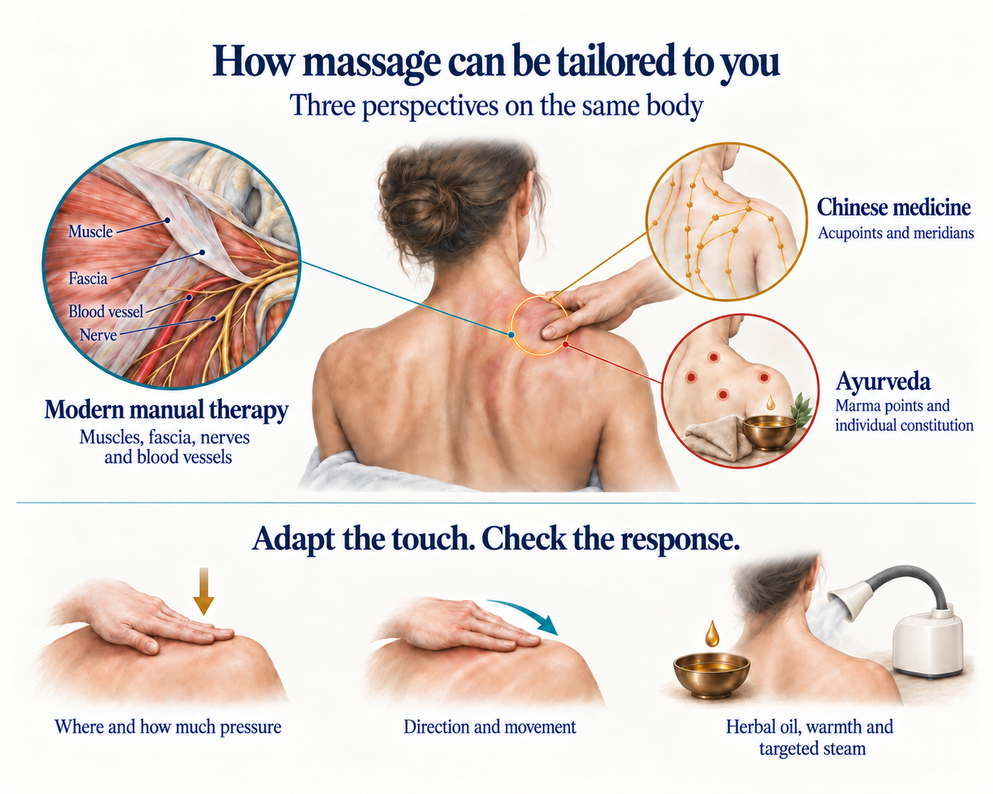 A practitioner touches one shoulder. Separate illustrations show muscle, fascia, nerves and blood vessels, a conceptual Chinese meridian map and an Ayurvedic marma perspective. Below are choices about pressure, movement, herbal oil, warmth and targeted steam.